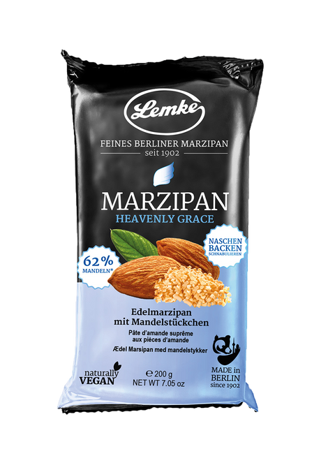 Lemke Marzipan Heavenly Grace 200g, Edelmarzipan mit Mandelstückchen und 62 Prozent Mandeln