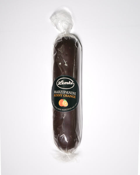 Lemke Marzipanini Sunny Orange 120g chocolate-coated orange marzipan loaf in clear wrapping
