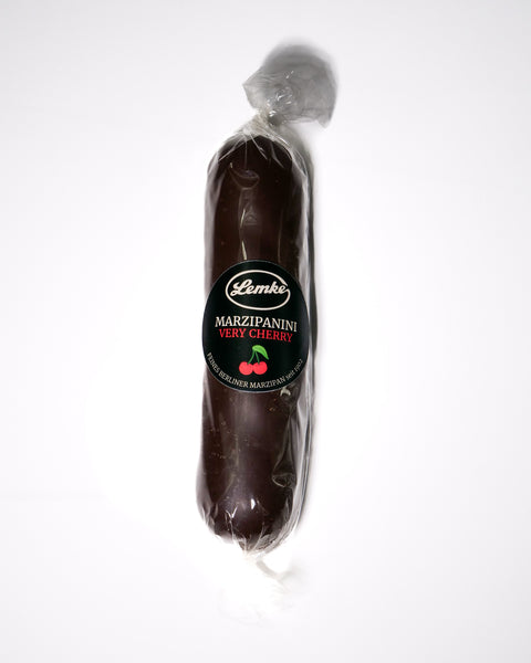 Lemke Marzipanini Very Cherry 120g chocolate-coated cherry marzipan loaf in clear wrapping